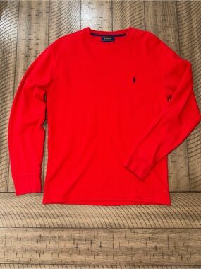 Polo by Ralph Lauren Long-Sleeve Crewneck Shirt in Bright Red with Navy Logo